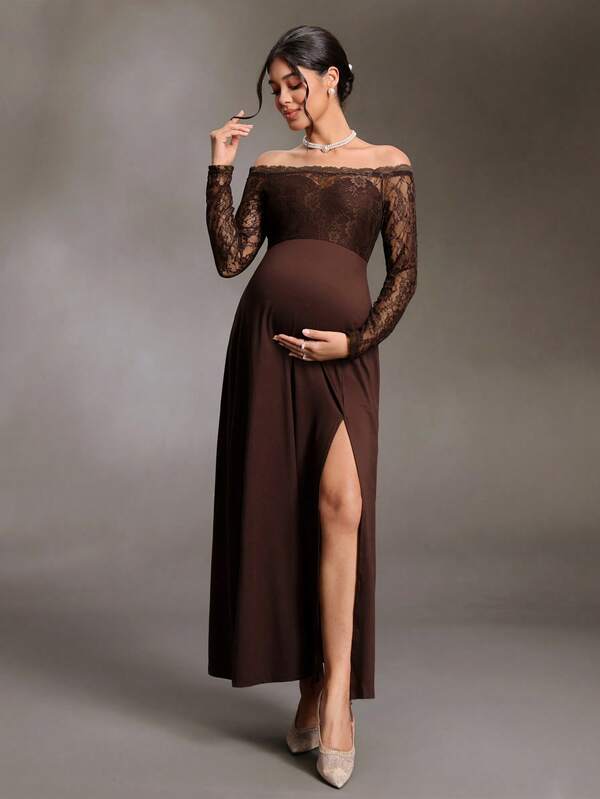 Cheriluna Maternity Vestido largo de encaje marrón, diseño de hombros descubiertos, manga larga transparente, bajo con abertura alta, elegante y sexy, vestido de noche, atuendo de fiesta, ajuste estilizado, estilo europeo y americano, diosa elegante