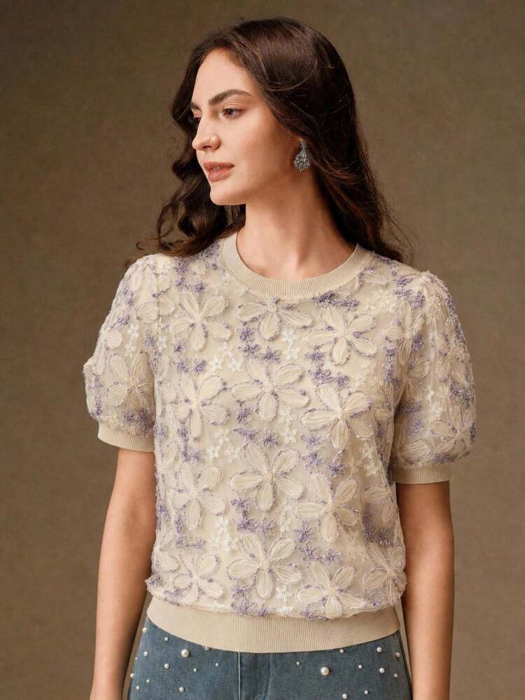 Anewsta Atasan Rajut Jala Elegan untuk Pesta dan Kencan Malam, Hiasan Payet Bordir 3D, Leher Bulat Lengan Pendek Mengembang, Motif Bunga Kasual untuk Liburan Musim Panas - Purple - View 7