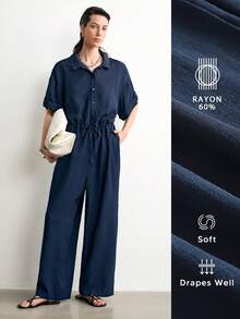 Aalyst Jumpsuit Wanita Musim Semi/Panas Warna Biru Tua Bahan Linen Twill dengan Kerah Kancing Depan, Minimalis, Kasual, Elegan, Longgar, dan Ramping, Cocok untuk Kerja dan Perjalanan - Navy Blue - View 2