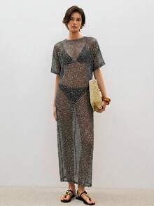 ATUI Studio New Sheer Sequin Loose Mid-Sleeve Dress Slouchy Vacation ...