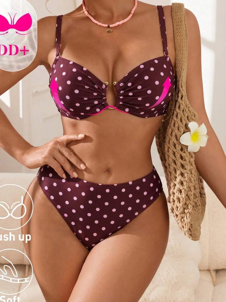 Swim DD+ 女款夏季海灘波點抓皺細肩帶比基尼三角褲兩件式泳衣套裝 - 中紫紅色 - 查看 1