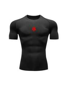 GymBeat Camiseta deportiva de manga corta con estampado de letras y mangas raglán para hombre, gimnasio - Negro - Ver 3