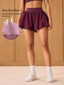 OutZeal Shorts de gimnasia para mujer, shorts deportivos de unicolor para entrenamiento y tenis con shorts incorporados, dobladillo con volantes, prendas inferiores activas para verano y primavera - Burdeos - Ver 2