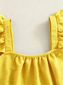 Sparklyn Girls' Summer Hollow Out 2 Pieces Set, Flutter Sleeve Cami + Matching Shorts, Exquisite Lace Trim On Top And Bottom, Detailed Design, Loose Fit, Suitable For Daily Wear And Outings - Yellow - View 3