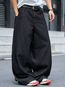 Manfinity EMRG 男士街頭風休閒刺繡黑色牛仔褲 - 黑色 - 查看 2