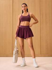 OutZeal Shorts de gimnasia para mujer, shorts deportivos de unicolor para entrenamiento y tenis con shorts incorporados, dobladillo con volantes, prendas inferiores activas para verano y primavera - Burdeos - Ver 4