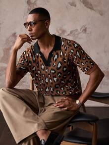 AKNOTIC Men's Leopard Print Short Sleeve Knit Top - Coffee Brown - View 3
