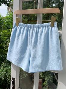 Comfortcana Plus Size Casual Loose Light Blue Drawstring Shorts, Spring/Summer Comfortable Cotton Drawstring Shorts - Baby Blue - View 3