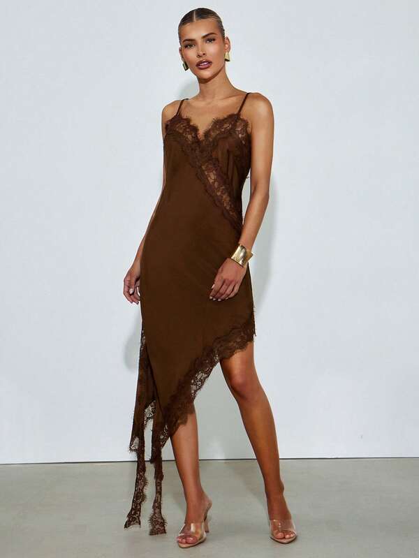 Hauture Women's Summer Sexy Solid Color Lace Patchwork Asymmetrical Hem Cami Dress, Versatile Going Out, Party, Weddings, Concerts, Dates