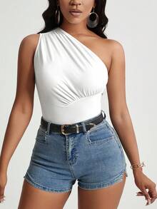 SHEIN PETITE 夏季休閒純色單肩無袖上衣 - 白色 - 查看 6