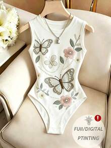 SHEIN Franclia Minimalistischer taillierter Rundhals-Bodysuit mit aufgedruckter Stickerei-Optik, tailliert, ärmelos, geeignet für Büro, Lässig und Urlaub - Weiss - Übersicht 1