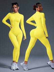 SHEIN With My Calm Ribbed Zipper Long Sleeve Sports Jumpsuit - Yellow - View 2