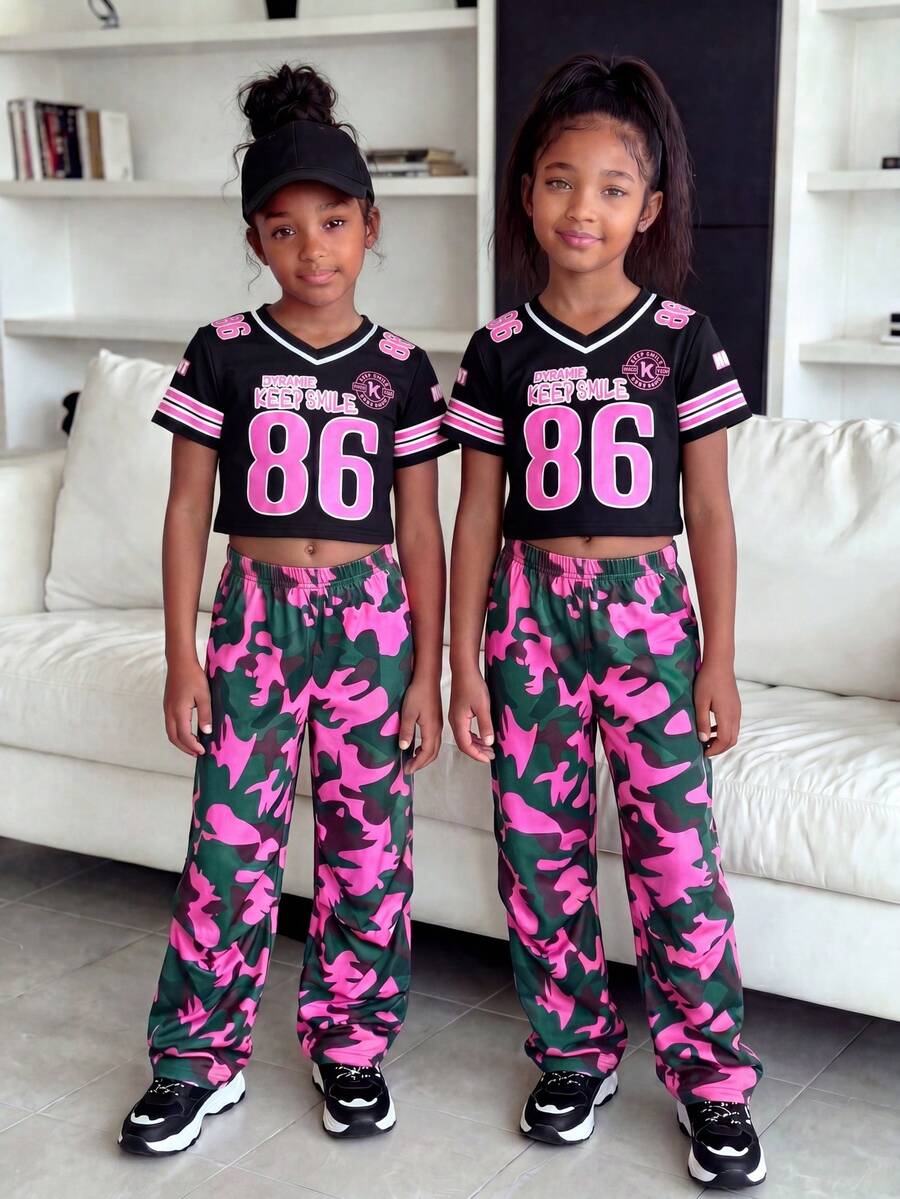 2pcs Set: Teenage Girls Black Letter Graphic V-Neck Sports Sweatshirt And Loose Fit Pink Camo Wide Leg Pants, Streetwear Fashion, Versatile, Also Suitable For Valentine's Day Gift - Multicolor - View 1