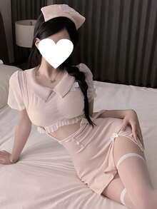 Dansine 2026春夏新款約會性感內衣 性感護士制服Cosplay緊身透視胸部不可拆卸睡衣套裝 - 粉色 - 查看 5