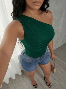 SHEIN PETITE 女款純色抓皺單肩修身百搭休閒性感上衣 深綠色 夏季 - 墨綠色 - 查看 4