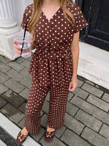 SHEIN Conjunto de 2 piezas para niñas preadolescentes con blusa de top con estampado de lunares marrones, cintura ceñida y decoración de hebilla metálica + pantalones holgados de pierna ancha, conjunto elegante y casual para ocasiones formales & casuales - Marrón - Ver 18
