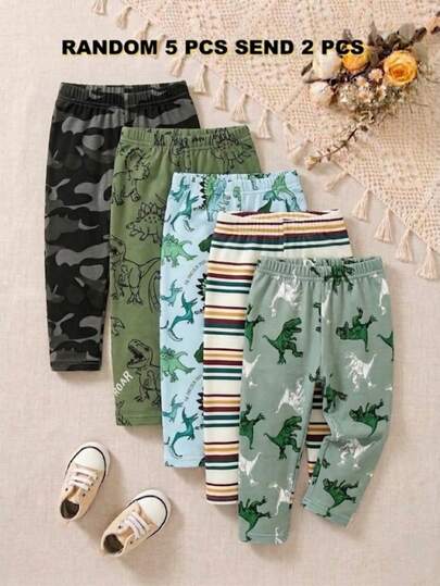 SHEIN Vintaside Kids Randomly Ships 2 Of 5, New Cute Comfortable Minimalist Soft Casual Dinosaur Print Camouflage Boys Pants, Daily Trousers, Gift With Patterns Boys