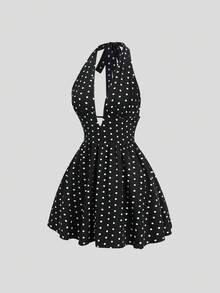 Sweetra Women's French Romantic Elegant Vintage Black Polka Dot Halter Neck Deep V-Neck Dress - Black - View 3