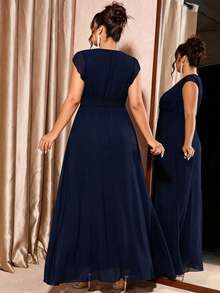 Elenzga Plus Size Women's Solid Color Pleated Evening Dress - Navy Blue - View 2