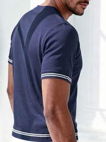 Manfinity Dauomo Atasan Rajut Lengan Pendek Leher V Bergaris Gaya Komuter Amerika, Sweater Kardigan Kasual Berkerah Saku Kancing Tunggal Bergaris Warna Kontras Bergaris dengan Gaya Komuter Amerika - Navy Blue - View 2