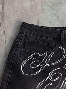 FeverCity Men's Letter Rhinestone Pattern Pocket Button Casual Versatile Daily Travel Denim Shorts - Black - View 6