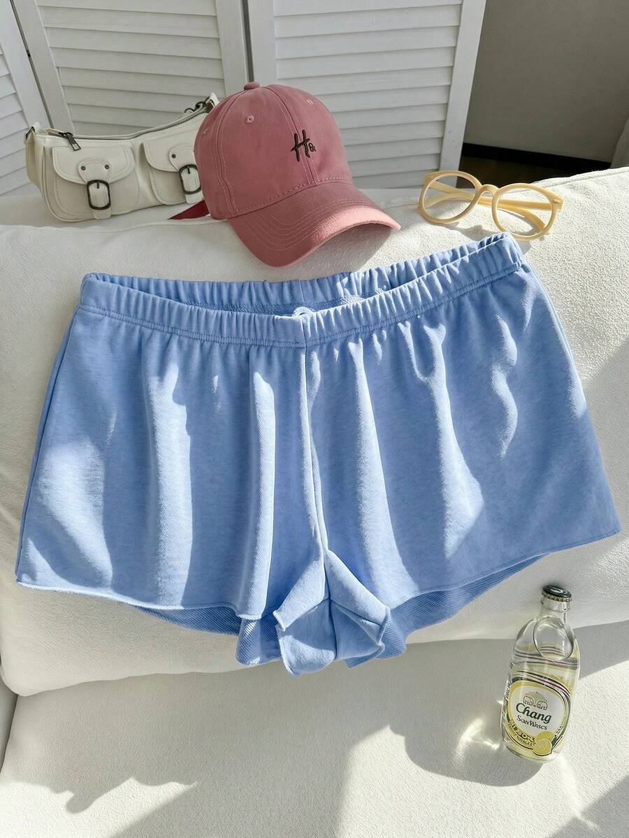 Comfortcana Plus Size Solid Color Elastic Waist Loose Casual Versatile Shorts, Soft Shorts For Spring & Summer, Blue