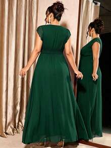 Elenzga Gaun Panjang Elegan Wanita Ukuran Besar, Leher V, Lengan Pendek, Warna Polos, Cocok untuk Pesta dan Acara Kumpul-kumpul - Dark Green - View 2