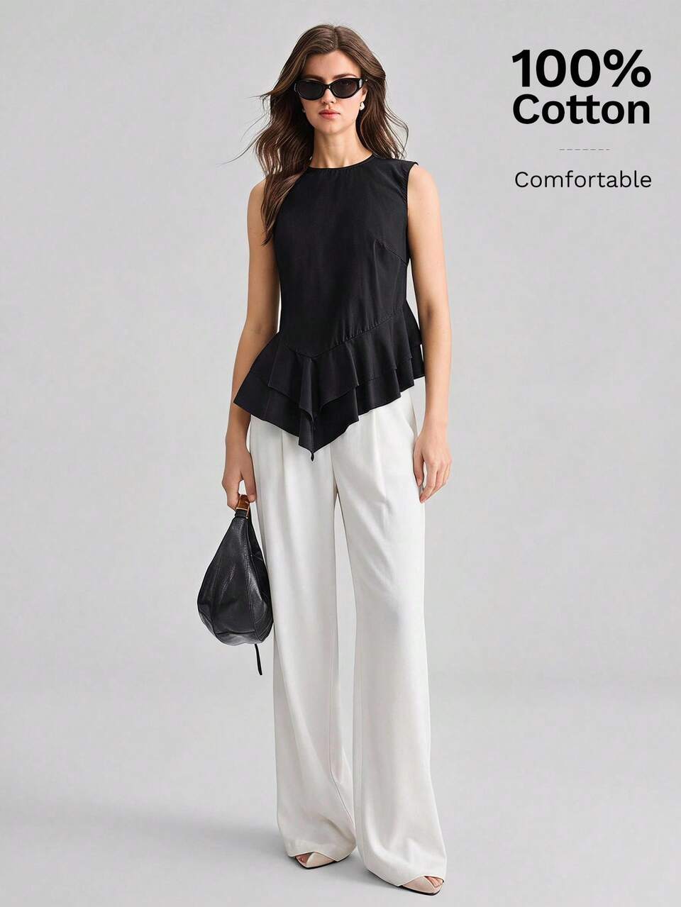 2026 New Summer Women's Loose Fit Black Sleeveless Top, Woven Fabric, Round Neck, Back Button, Patchwork Double Layer Ruffle Design, Casual Elegant