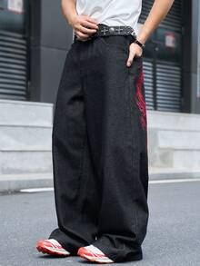 Manfinity EMRG 男士街頭風休閒刺繡黑色牛仔褲 - 黑色 - 查看 7