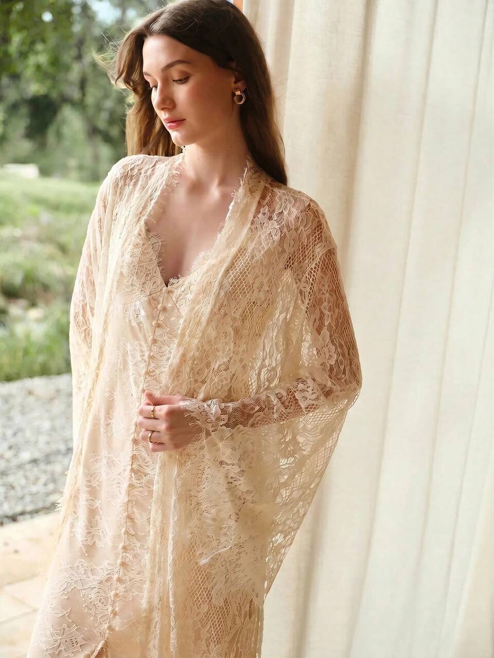 MOTF LACE SHEER BELL SLEEVE LONG ROBE