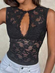 Women's Lace Hollow Out Sexy Versatile Date Night Out Club Outing Top Black Summer Aloruh Women's Black Floral Lace Cutout Neck Fitted Cropped Tank To - Black - View 9