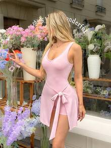 SHEIN Sovereign Charm Women's Sports Yoga Outdoor Gym Workout Dress, Sleeveless V-Neck, Single-Side Tie Hem, 2 In 1, Minimalist Cute Basic Youthful Vacation Light Pink - Pink - View 4
