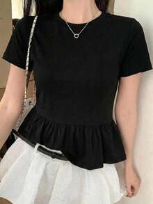 DAZY Women's Round Neck Casual Loose Ruffle Hem Basic Short Sleeve T-Shirt - Black - View 9