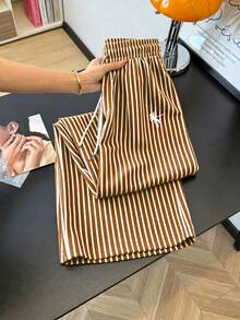 GlowEve Women's Summer Casual Gym Brown And White Polka Dot Embroidered Round Neck Short Sleeve Tight T-Shirt And Striped Print Drawstring Pants 2 Pieces Set - Multicolor - View 5