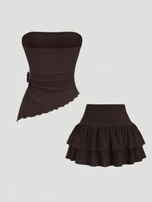 Sweetra Women's Solid Color Ruched Asymmetric Hem Crop Top And Mini Skirt Casual 2-Piece Set - Coffee Brown - View 2