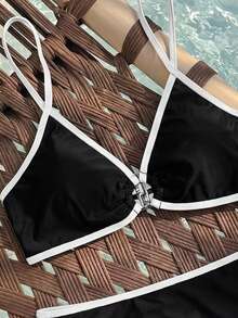 Swim Vcay Women's Summer New Black & White Contrast Ring Triangle Cup Bikini High Waist Triangle Bottom Sexy Two-Piece Swimwear For Beach, Hot Spring And Vacation - Black - View 5
