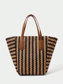 SHECARRY Bolso tote de mujer de moda de paja tejida a rayas, negro + caqui, color de contraste retro, bolso de hombro simple y ligero de gran capacidad, adecuado para compras, vacaciones de verano, viajes, playa, , combinación bohemia - Raya - Ver 3