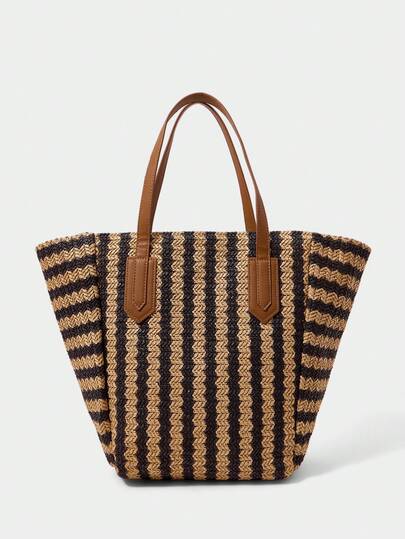 SHECARRY Bolso tote de mujer de moda de paja tejida a rayas, negro + caqui, color de contraste retro, bolso de hombro simple y ligero de gran capacidad, adecuado para compras, vacaciones de verano, viajes, playa, , combinación bohemia