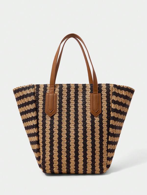 SHECARRY Bolso tote de mujer de moda de paja tejida a rayas, negro + caqui, color de contraste retro, bolso de hombro simple y ligero de gran capacidad, adecuado para compras, vacaciones de verano, viajes, playa, , combinación bohemia