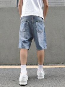 Manfinity EMRG 男士宽松休闲牛仔百慕大短裤，带口袋，夏季牛仔短裤 - 淺色水洗藍 - 查看 2