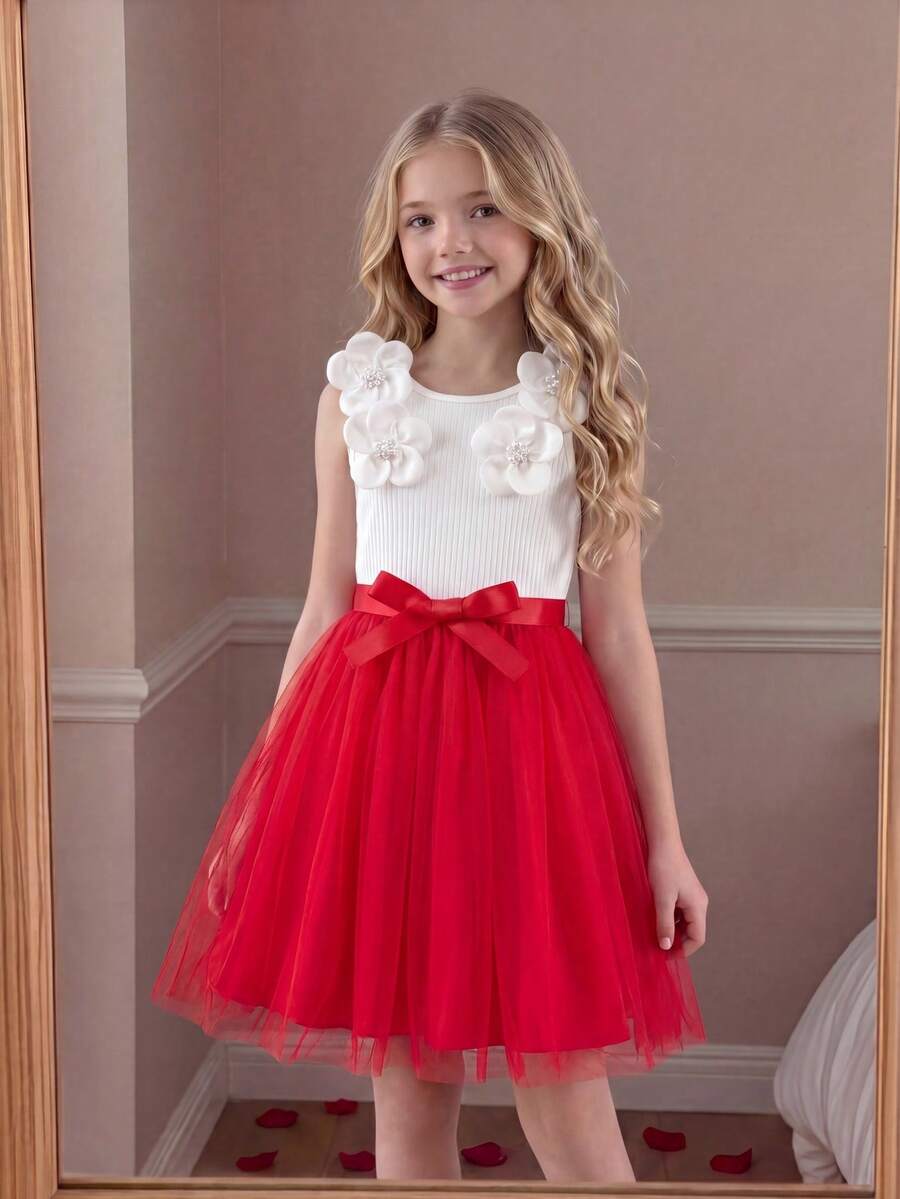 Abito lungo a maniche lunghe in rete con decorazioni floreali tridimensionali, dolce ed elegante, adatto per bambine da indossare a feste, spettacoli, ecc. - Rosso - Visualizzare 1