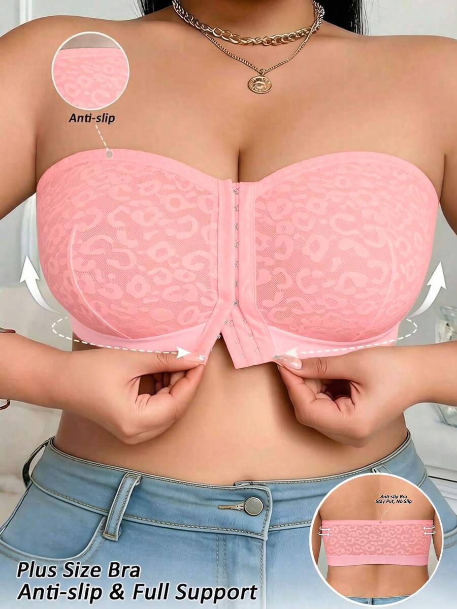 SHEIN Elacene 1件大尺碼女款前扣式豹紋蕾絲抹胸內衣，附防滑矽膠 - 粉色 - 查看 1