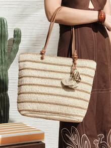 SHECARRY Women's Fashion Beige Striped Straw Tote Bag, Contrasting Color Splicing Large Capacity Shoulder Bag, Suitable For Summer Vacation, Travel, Beach, Seaside, Bohemian - Beige/Khaki - View 1