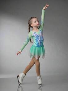 女童長袖幼兒服飾，時尚優雅閃亮水鑽競賽套裝，訓練服，舒適修身網紗裙，綠色定位印花設計，休閒時尚風，運動風，長袖緊身，高彈性網紗裙運動服 - 彩色 - 查看 5