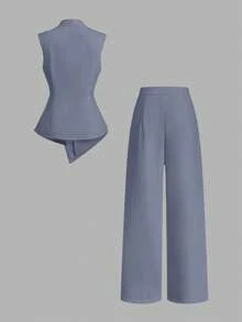 Franclia Women's Elegant 2026 Spring/Summer Asymmetric Sleeveless Ruched Metal Button Long Pants 2 Pieces Set - Grey - View 2