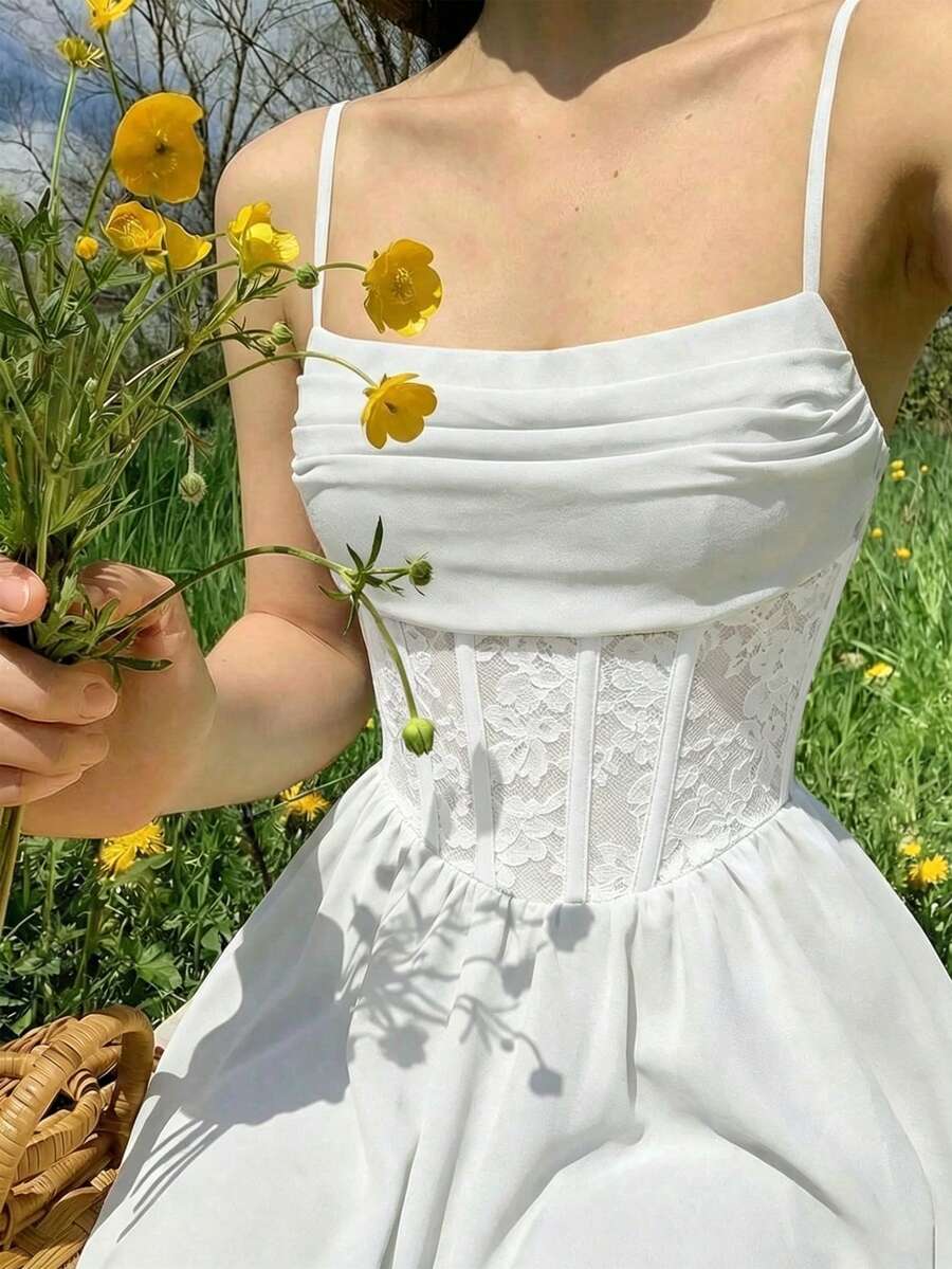 Teen Girl Lace Ruffle Fashion Vacation Travel Cami Dress - White - View 1