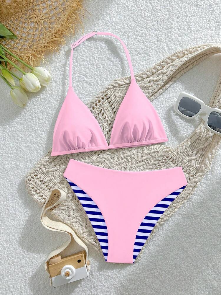 SHEIN Tween Girls Swimwear Set, Casual Vacation Striped Print Reversible Halter Neck Top With Adjustable Buckle And Triangle Bikini Bottoms, Cute And Elegant For Summer Beach, Seaside, Pool, Swimming, Summer Vacation, Summer Party, Casual Holiday - Multicolor - View 9