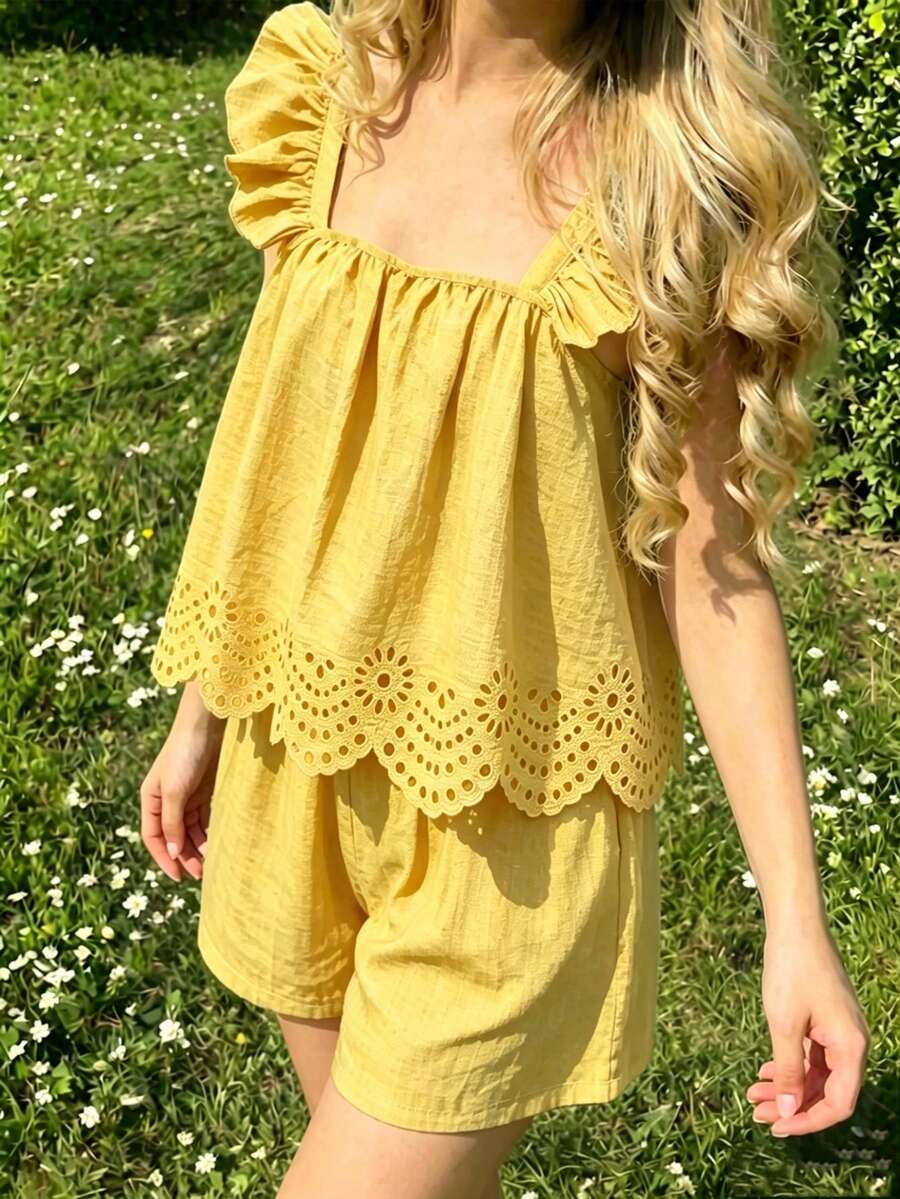 Sparklyn Girls' Summer Hollow Out 2 Pieces Set, Flutter Sleeve Cami + Matching Shorts, Exquisite Lace Trim On Top And Bottom, Detailed Design, Loose Fit, Suitable For Daily Wear And Outings - Yellow - View 1