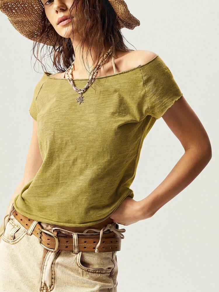 Bohemela Solid Color Knitted Boat Neck Fitted Washed Women's T-Shirt Vacation Olive Green Summer Casual - Yellow - View 4