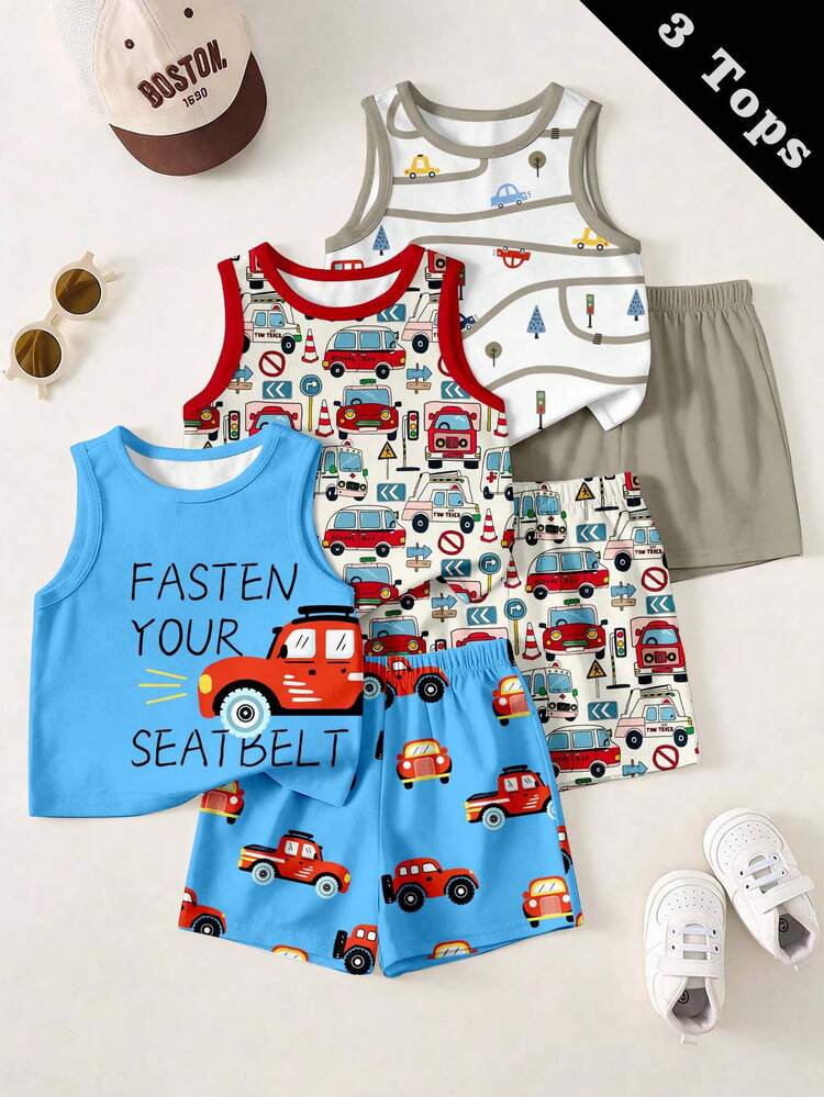 Baby Boy Casual Minimalist Tank Tops 3-Pack For Summer, Classic Handsome Red Car Graphic Print, Classic Cute Cartoon Car Graphic Print, Winding Road Graphic Print - Multicolor - View 1